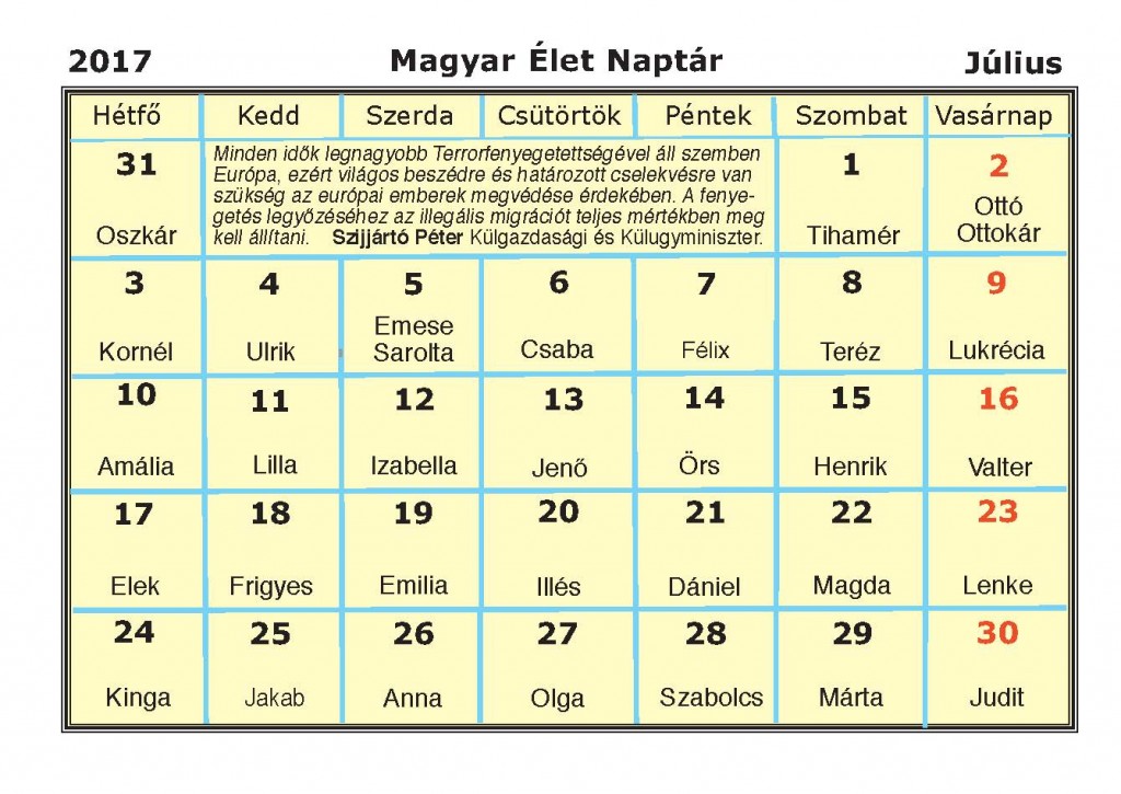 Naptár 2017. Július