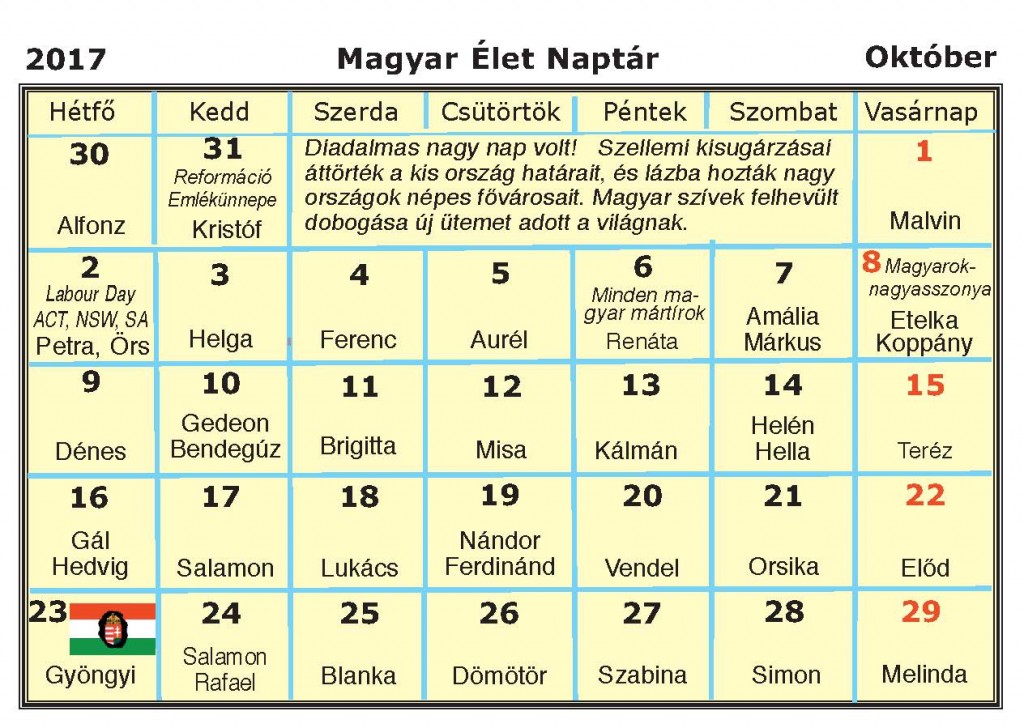 Naptár 2017. Október