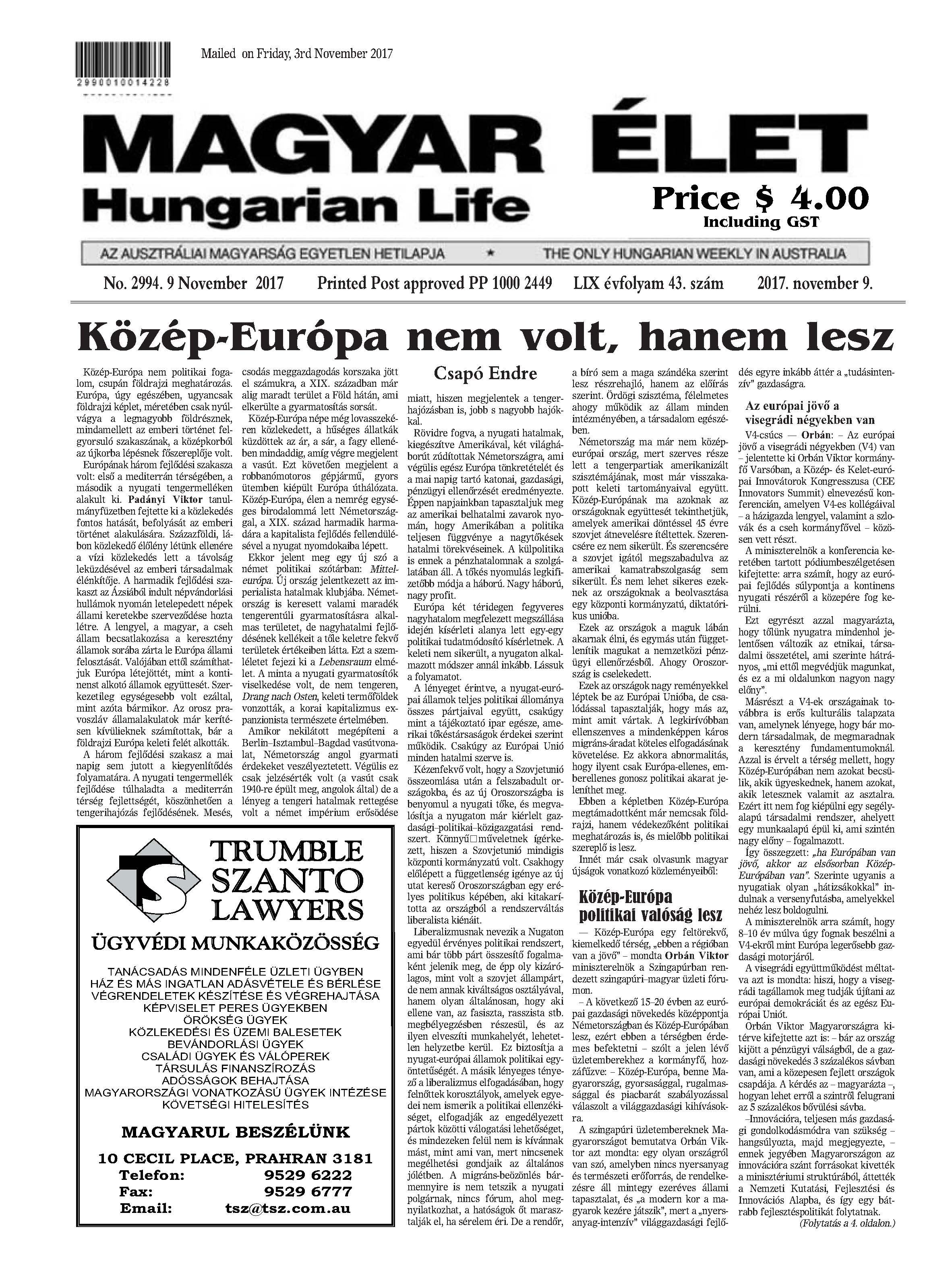 cimlap Magyar Elet 2017. nov.9